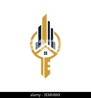 Modern real estate logo with key and skyscraper buildings concept. Stock Vector