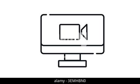 Desktop computer video and streaming icon: PC workstation displaying media player button on screen, minimalist black line art vector illustration. Stock Vector