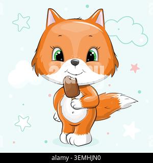 Adorable Cute Cartoon Red Fox with an Ice cream Bar. Vector illustration of the animal on green background with stars and clouds. Stock Vector
