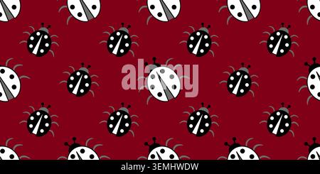 Black white ladybugs on red background. Seamless pattern of ladybugs. Bright contrast background Stock Vector