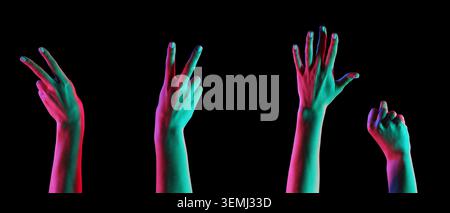 Raised human hands with colorful neon lighting isolated on black background, peace sign open palm and fist gesture collection with copy space Stock Photo