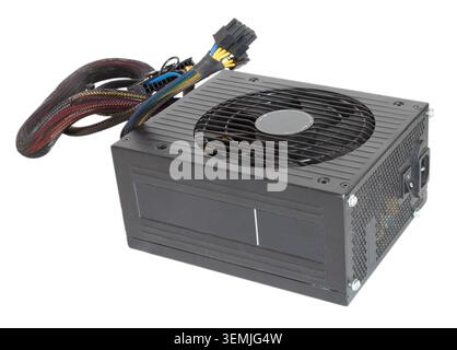 Desktop computer power supply that is black with wires attached isolated on a white background. Stock Photo