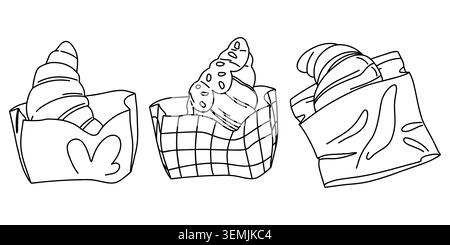 Set of linear croissants in paper bags, sweet buns takeaway food, fresh puff pastry from coffee shop, bakery, menu design Stock Vector