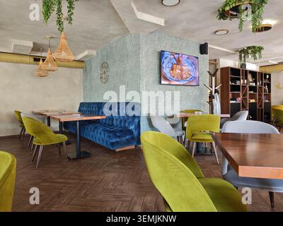 Serbia Kragujevac 05.06.2026 Modern Restaurant Interior Velvet Seating Stylish Stock Photo