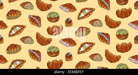 Rich multicolor pattern with crispy French pastries on a vanilla background, doodle croissants Stock Vector