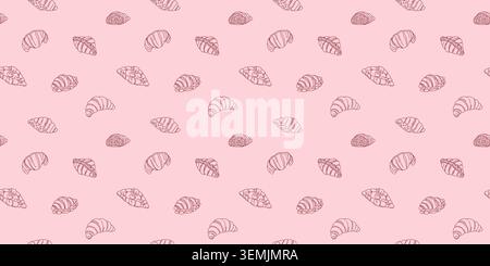 Delicate seamless pattern with raspberry croissants on a soft pink background. Design for bakery, menu, card, poster, packaging. Stock Vector