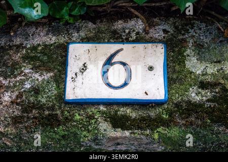A weathered blue and white ceramic house number 6 plaque mounted on a heavily moss-covered stone wall with ivy above, Castillon du Gard, France Stock Photo
