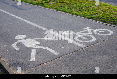 White road marking icons are painted on an asphalt lane from an angle view. The painted symbols separate pedestrian and bicycle routes for daily urban Stock Photo