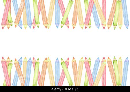 Horizontal pencil banner with colorful watercolor pencils top and bottom border for school header poster and kids stationery background. Stock Photo