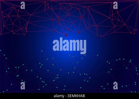 Striking neon colored lattice over a deep blue gradient background. Top section features magenta lines while bottom section shows teal nodes. High ene Stock Vector