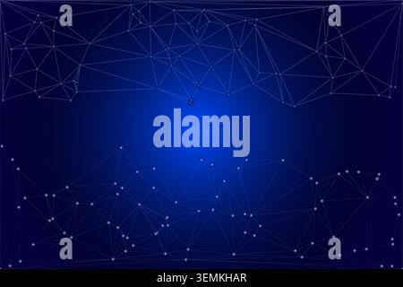 Deep blue technical backdrop with top and bottom geometric borders. Interconnected white dots and lines creating a complex digital tapestry. Perfect f Stock Vector