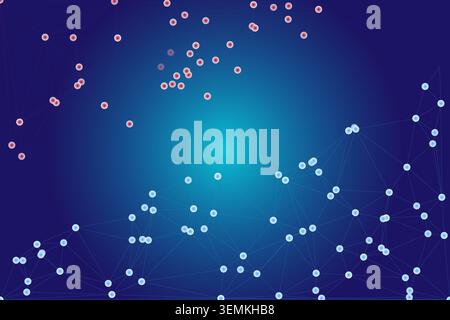 Scientific visualization of particles and connections on a dark blue gradient. Blurred red nodes contrast with sharp blue structures. Ideal for biotec Stock Vector