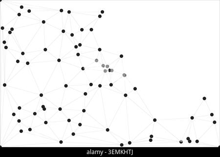 Minimalist digital vector illustration showcases complex network of nodes and lines creating crystalline triangular shapes. Modern monochrome pattern Stock Vector