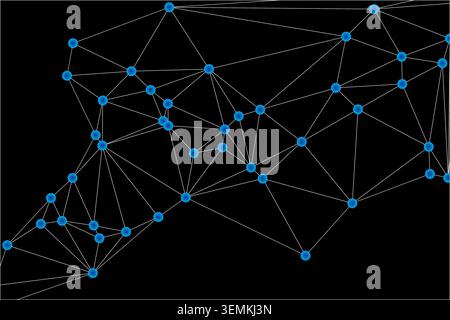 Vibrant blue spheres connected by silver lines on dark background. Digital mesh illustration showing complex data structure and high tech neural netwo Stock Vector