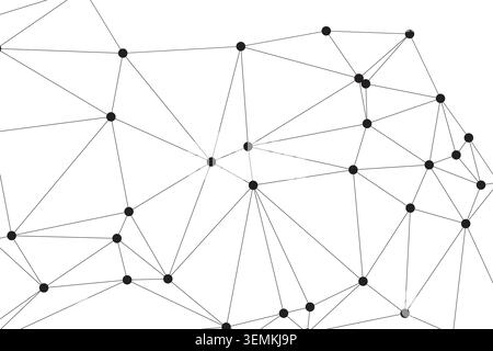 Abstract visual shows an interconnected network of black dots and lines on a pristine white background, ideal for representing data flow, digital comm Stock Vector