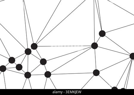 Fragment of an intricate black and white network. Numerous nodes linked by straight lines create a complex geometric design, suitable for technology a Stock Vector