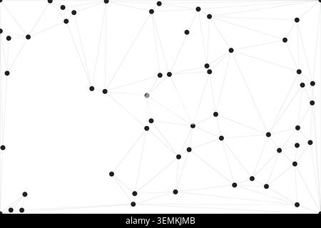 Geometric network pattern on white background, composed of black dots connected by light gray lines, creating an intricate web of abstract design Stock Vector