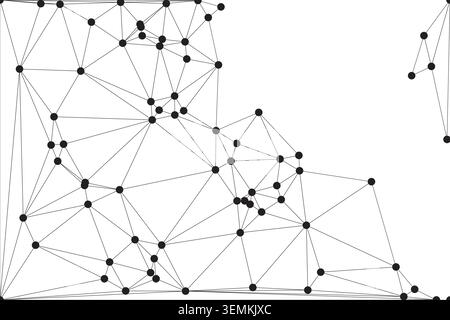 Complex abstract network with numerous interconnected dots and lines. Geometric arrangement forming a detailed web. Represents data, systems, and scie Stock Vector
