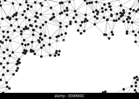 Abstract geometric network on white background. Complex data visualization concept with intricate black lines and dots representing interconnected inf Stock Vector