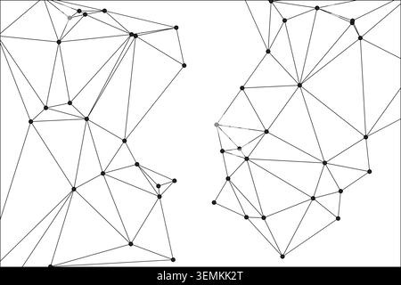 Abstract geometric composition, two network structures, interconnected dots, triangular formations, modern digital art, minimalist graphic design, dat Stock Vector