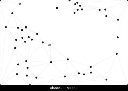 Geometric web on white background, composed of black points linked by subtle gray lines, forming a complex and dynamic abstract pattern Stock Vector