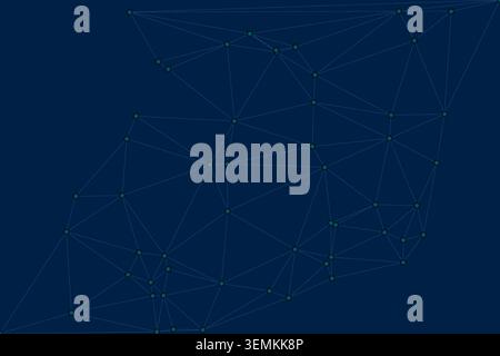 Abstract geometric background featuring a network of connected teal lines and dots. forms an intricate mesh on a dark blue backdrop, digital technolog Stock Vector