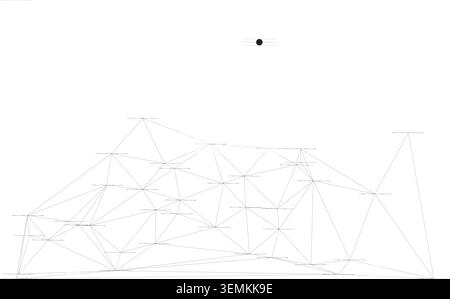 Abstract white backdrop with network of black points connected by light gray lines, creating a wide-spanning geometric and technological pattern Stock Vector