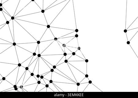 Abstract geometric network pattern with black dots and connecting lines on white background. Illustration of data flow, technological innovation, and Stock Vector