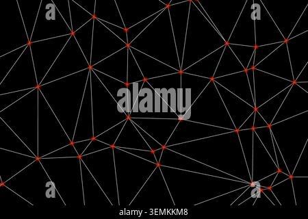 Abstract network connection on black background with red glowing nodes. Concept of digital data and global communication. Interconnected lines and poi Stock Vector