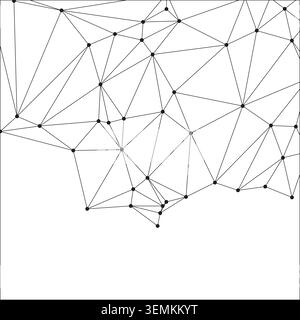 Intricate black line art hanging from top of frame. Geometric network of triangles and nodes against white backdrop. Scientific visualization of data Stock Vector