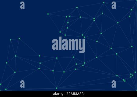 Abstract geometric background with a network of vibrant green dots and teal lines. forms a complex mesh on a deep blue backdrop, modern and digital ae Stock Vector