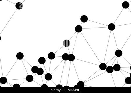 Asymmetrical digital landscape of points and edges. Floating black circles interconnected through a series of geometric triangles. Clean white space c Stock Vector