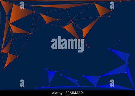 Dynamic geometric background features contrasting orange and blue polygonal shapes. interlinked with dark lines on a deep blue backdrop, modern digita Stock Vector