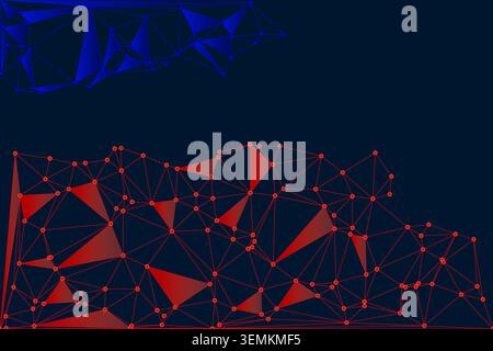 Digital abstract art of connected red and blue nodes, geometric shapes, polygonal mesh, triangulation pattern, futuristic network. Stock Vector