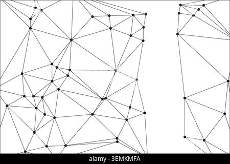 A dynamic black and white abstract background features a complex geometric network composed of interconnected triangles and points, ideal for tech, sc Stock Vector