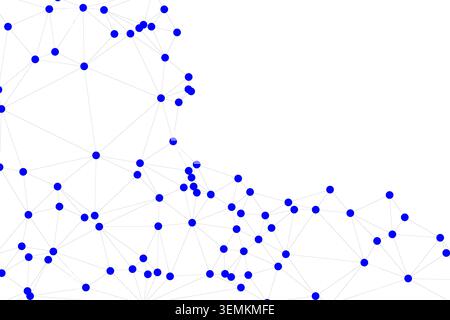 Intricate web of blue circular points linked by grey segments. Represents data flow, connectivity, digital systems, science, technology, and modern ar Stock Vector
