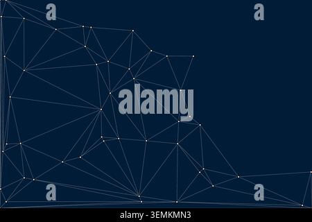 White polygonal mesh with nodes and connecting lines on dark blue background, abstract geometric structure, clean design, technology theme. Stock Vector