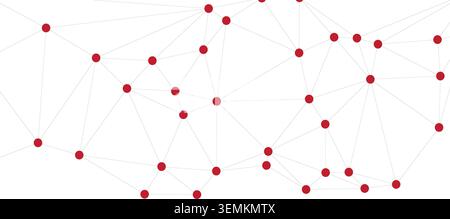 Biological molecular structure illustration with red circular nodes connected by thin geometric lines on white. Concept for medicine research and phar Stock Vector