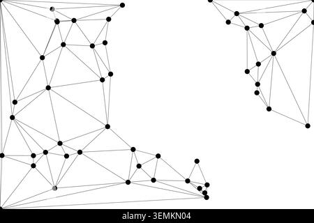 Abstract white background with a large network of connecting black lines and dots, positioned on two sides, representing digital communication and tec Stock Vector