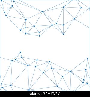 Dynamic abstract background with blue interconnected dots and lines. intricate network forms a geometric polygonal pattern, framing empty white space Stock Vector