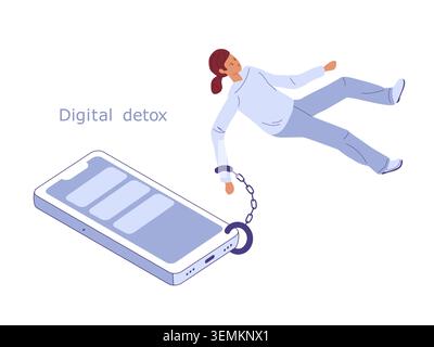 Digital detox. Social media obsession. Girl on chain with mobile phone. Vector illustration for awareness, anti-addiction campaign Stock Vector