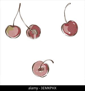 Cherries and berries line art graphic hand drawn illustration. Elegant botanical sketch collection with minimalist contours. For bakery design, market Stock Vector