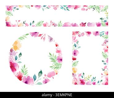 A set of beautiful frames made of watercolor flowers of various shapes . Hand drawn. Not AI, vector illustration. Stock Vector
