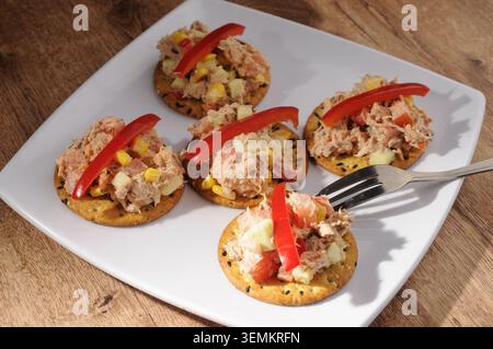 una tapas with cucumber, mayonnaise and avocado with a strip of red pepper, placed on a white plate, with brick walls in the background, lit by the su Stock Photo