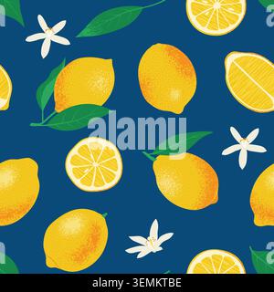 Yellow Lemons seamless pattern. Trendy Summer background in Mediterranean style. Flat Vector illustration Stock Vector