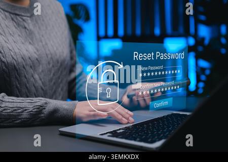 Password reset security and forgotten password recovery concept, person using laptop with virtual lock, new password fields, confirmation form, Stock Photo