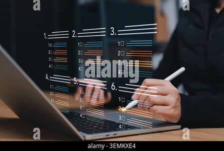 Online exam and survey form concept. person using digital pen to select answers on virtual checklist with checkbox, quiz questions, online test, Stock Photo