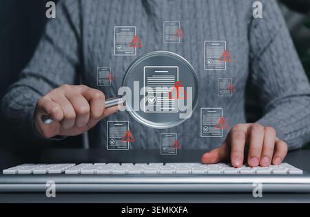 Document risk review and compliance warning audit concept. Person using magnifying glass over virtual files with alert icons, checklist marks, Stock Photo
