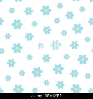 Blue whimsical flowers in random order seamless pattern, simple repeat floral ornament, hand drawn vector illustration for textile, fabric, gift paper, fashion print, Easter, spring holidays decor Stock Vector