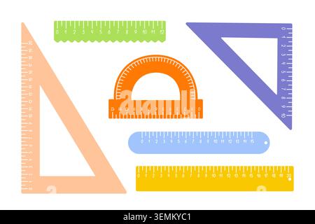School rulers set, triangular, protractor measuring instruments for maths lessons hand drawn colorful vector illustration, back to school vocabulary object, centimetre scale doodle clipart Stock Vector